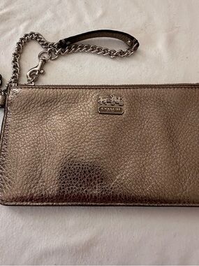 Coach Metallic Silver Bronze Wristlet Card Case with Chain